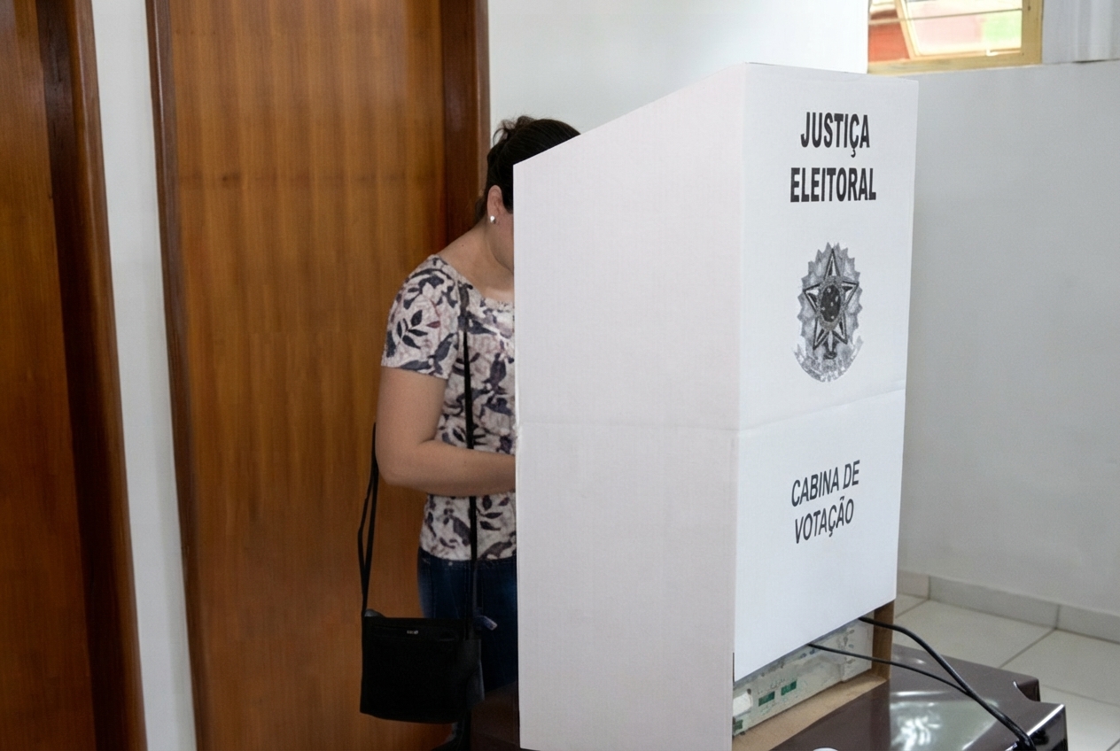 =Eleitora vota em cabine da Justiça Eleitoral.